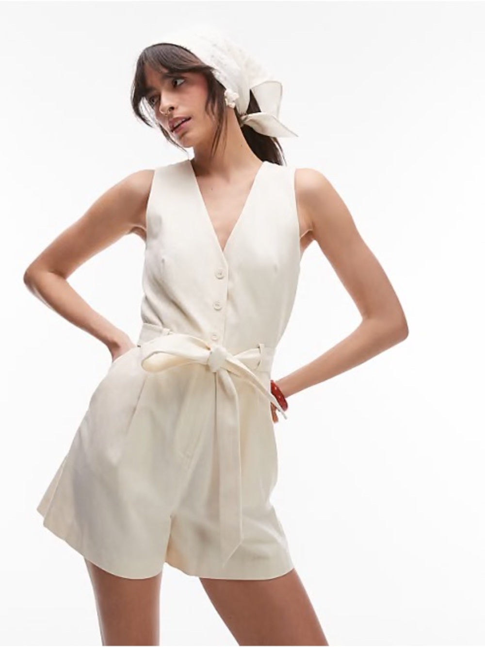 ANTONIO MELANI Ivory Sleeveless V-Neck Belted Romper